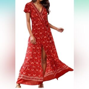 Boho Wrap Maxi Dress | Red | 100% Cotton